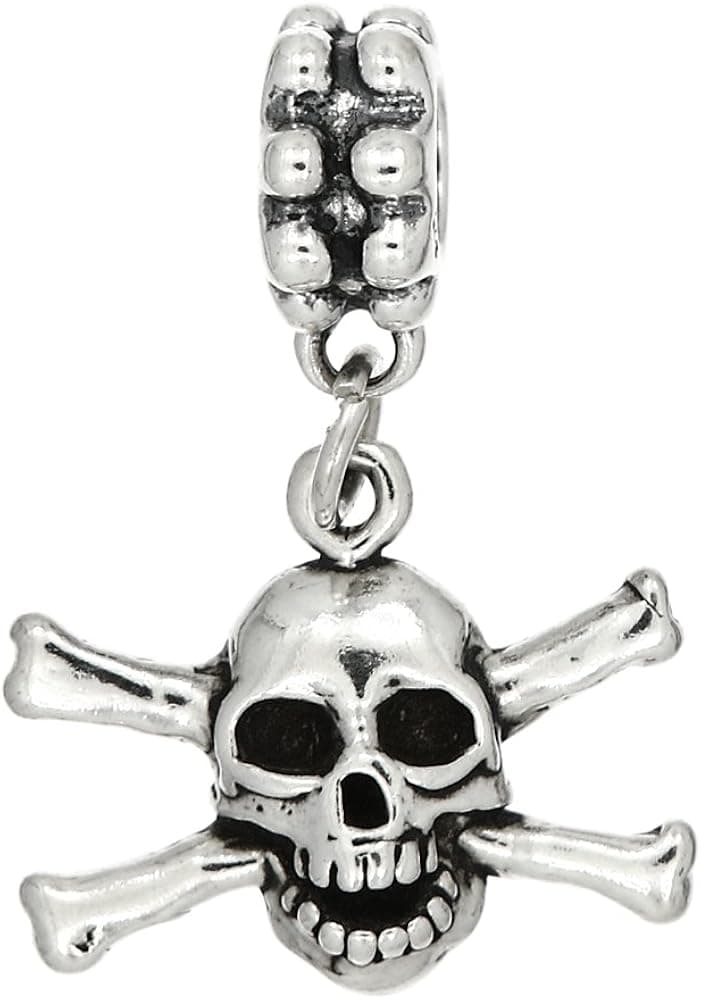 LGU Sterling Silver Oxidized Skull and Crossbones Dangle European Bead Charm