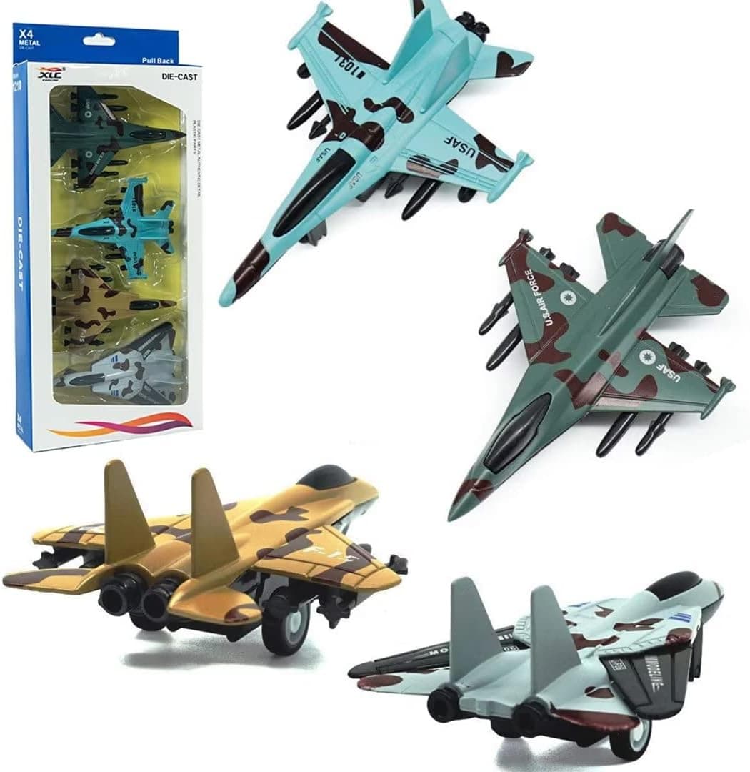 UiiQ Pull Back Airplane Toy Set Die Cast Metal Military Themed Fighter Jets, Good for Kids Toy Set Collection - 4 Pcs (Blue)