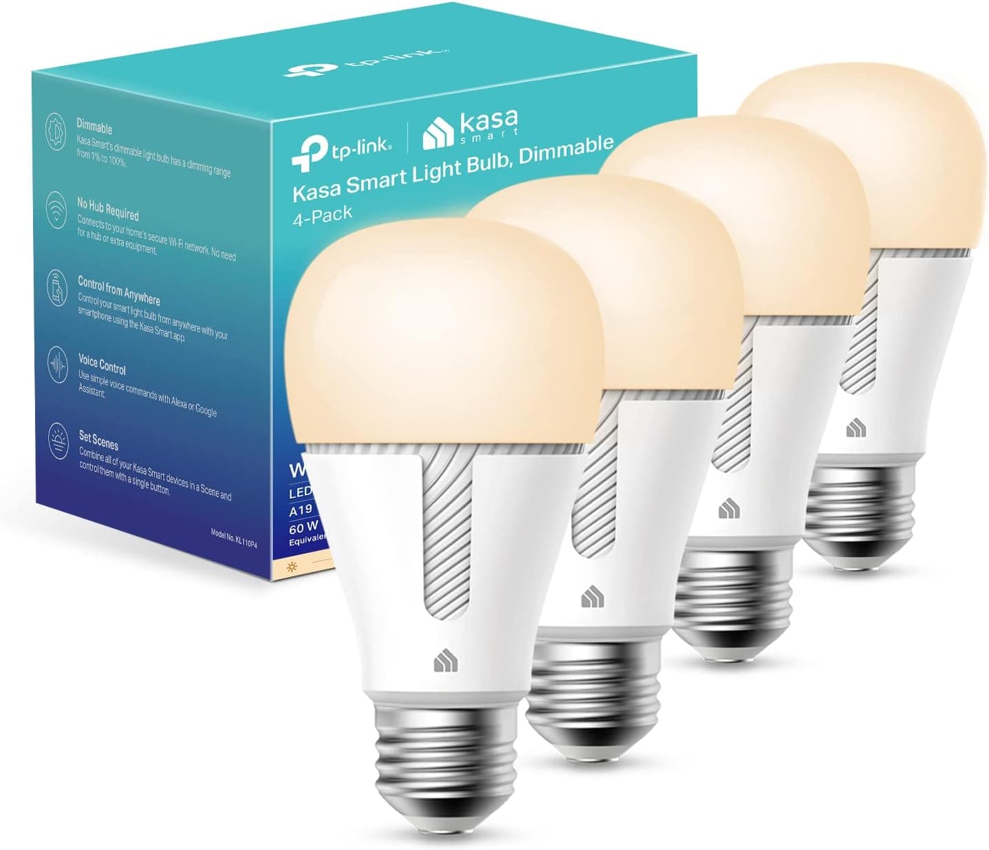Kasa Smart Light Bulbs that works with Alexa and Google Home, Dimmable Smart LED Bulb, A19, 9W, 800Lumens, Soft White(2700K), CRI≥90, WiFi 2.4Ghz only, No Hub Required, 4-Pack(KL110P4)