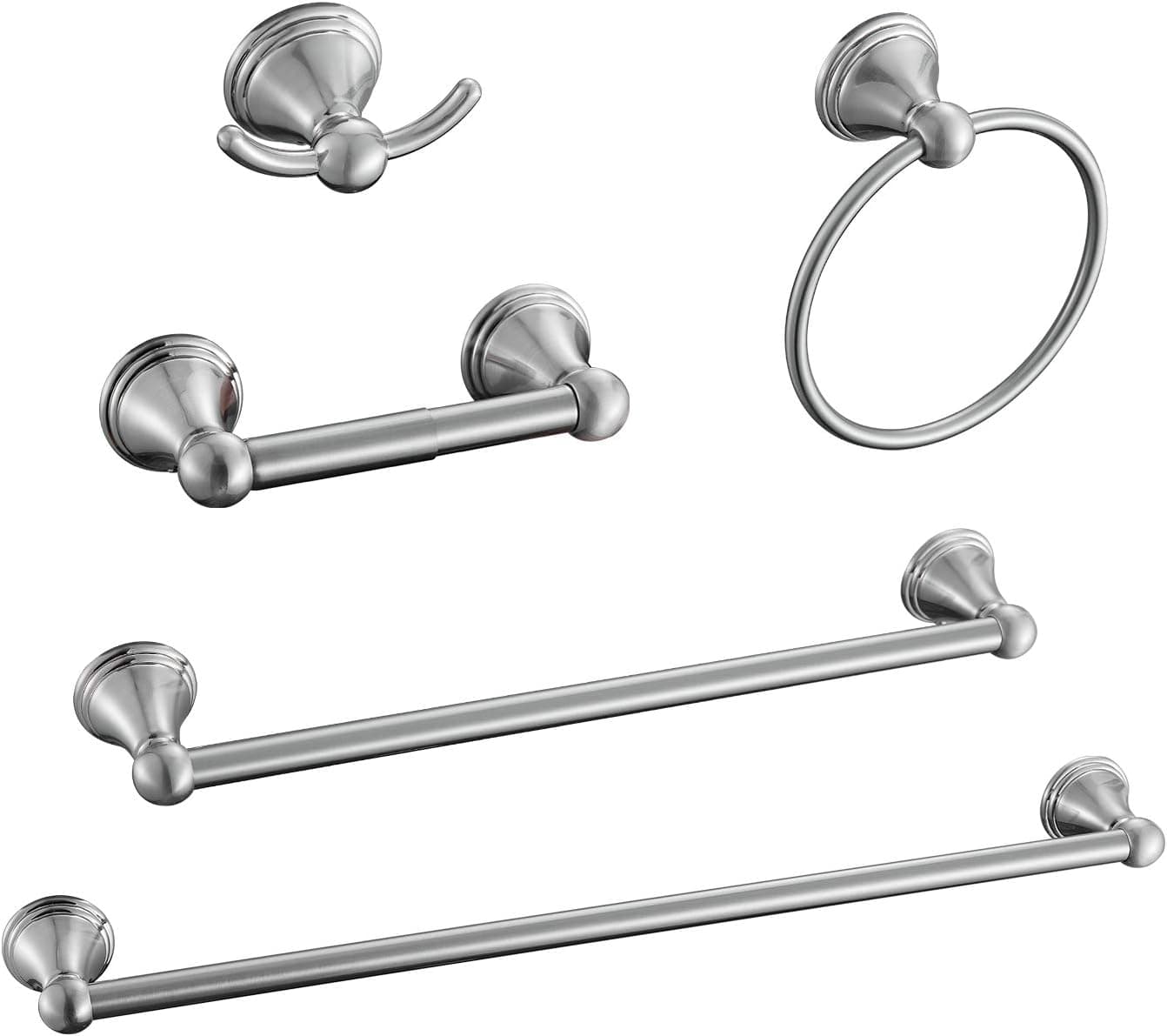 Sagetta Nickel Bathroom Hardware Set, 5-Piece Bath Accessories Set Wall Mount Includes 20 in Towel Bar, 16 in Towel Bar, Towel Ring, TP Holder, Towel Hook Brushed Nickel