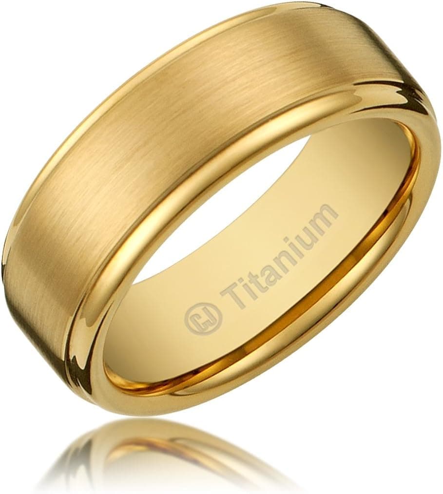 Cavalier Jewelers 8MM Men's Titanium Gold-Plated Ring Wedding Band with Flat Brushed Top and Polished Finish Edges