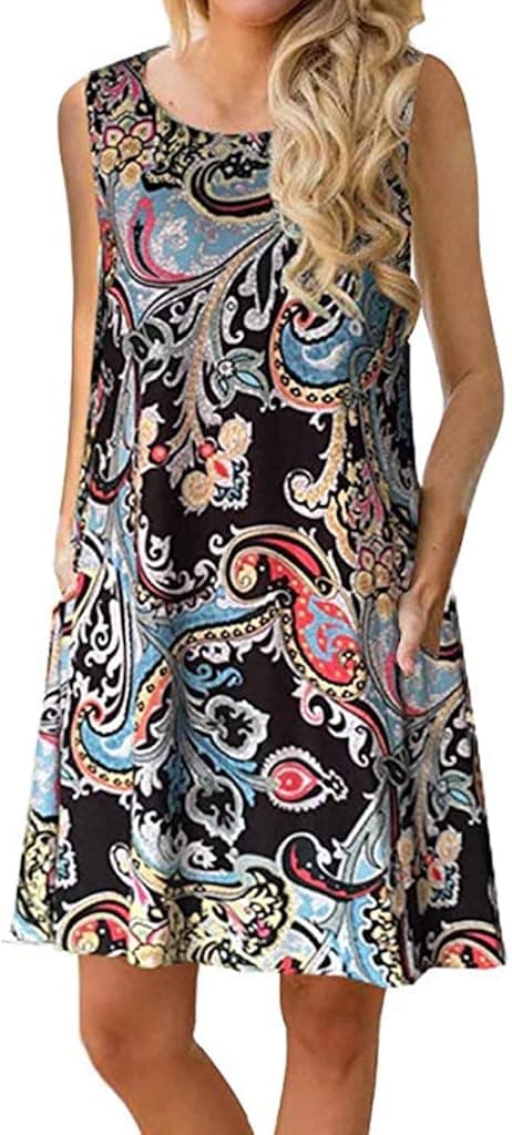 DLDY Women's Summer Casual Floral Loose T-Shirt Dress Sleeveless Swing Dress with Pockets