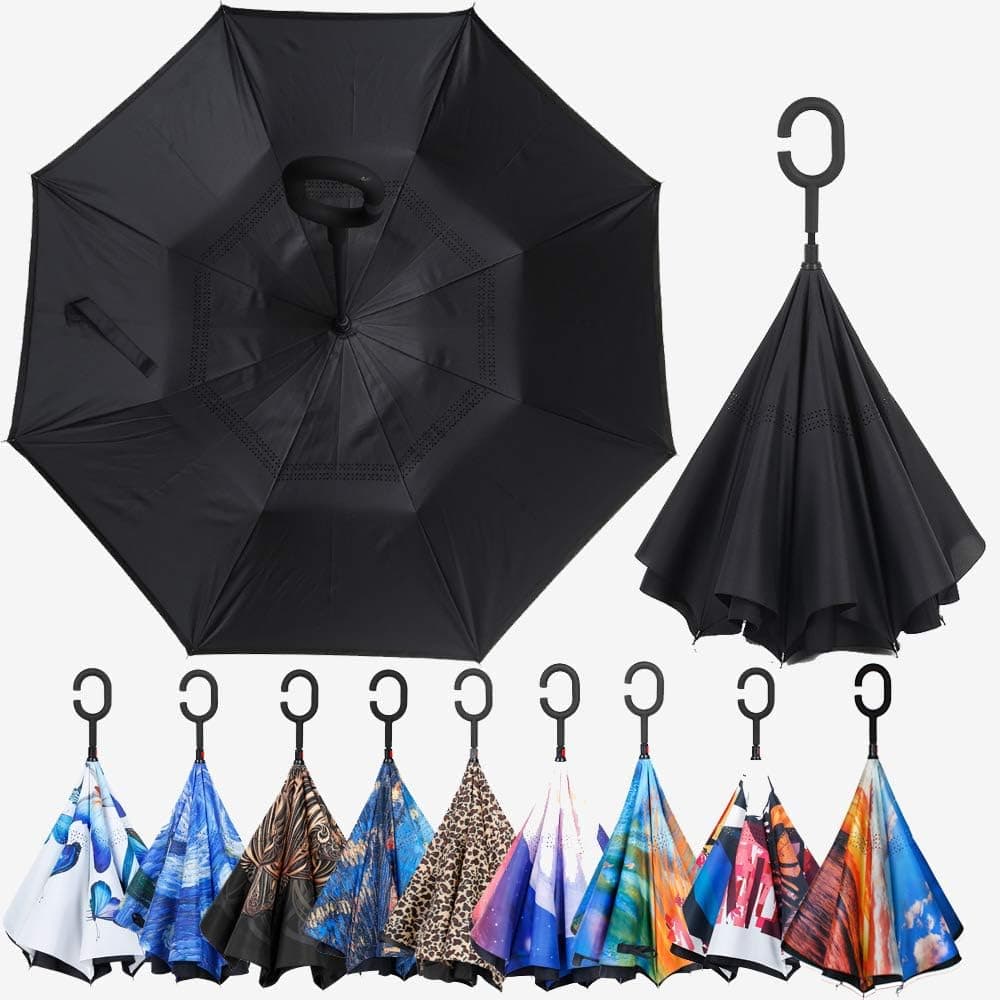 Double Layer Inverted Umbrella Cars Reverse Umbrella, Windproof UV Protection Big Straight Umbrella for Car Rain Outdoor with C-Shaped Handle… (1B-REPH-8AVN)