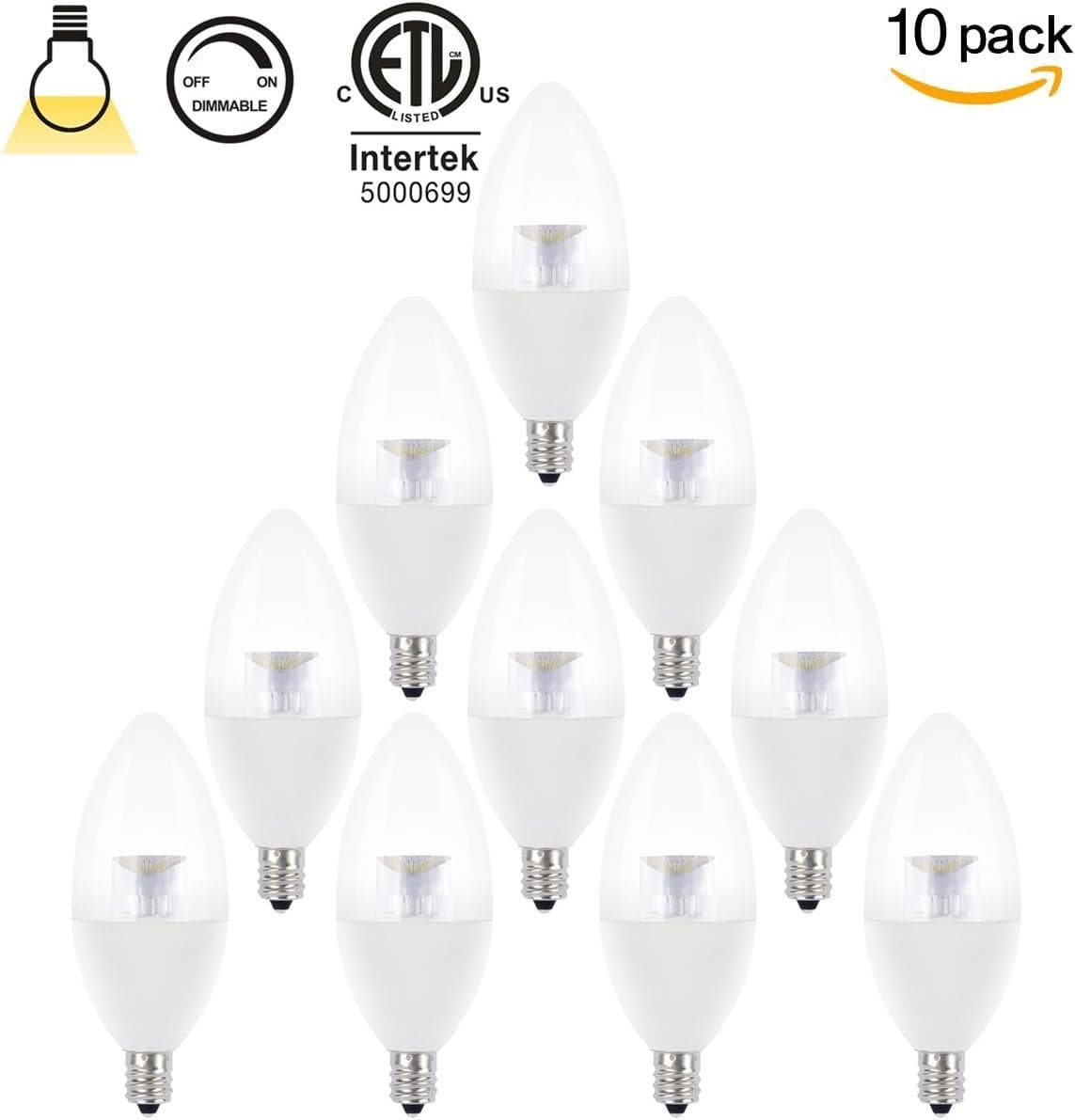 (Pack of 10, Daylight) 5w E12 LED Candle Bulbs, Dimmable, Torpedo Shape, 40w Equivalent, Candelabra LED, Candelabra Bulb