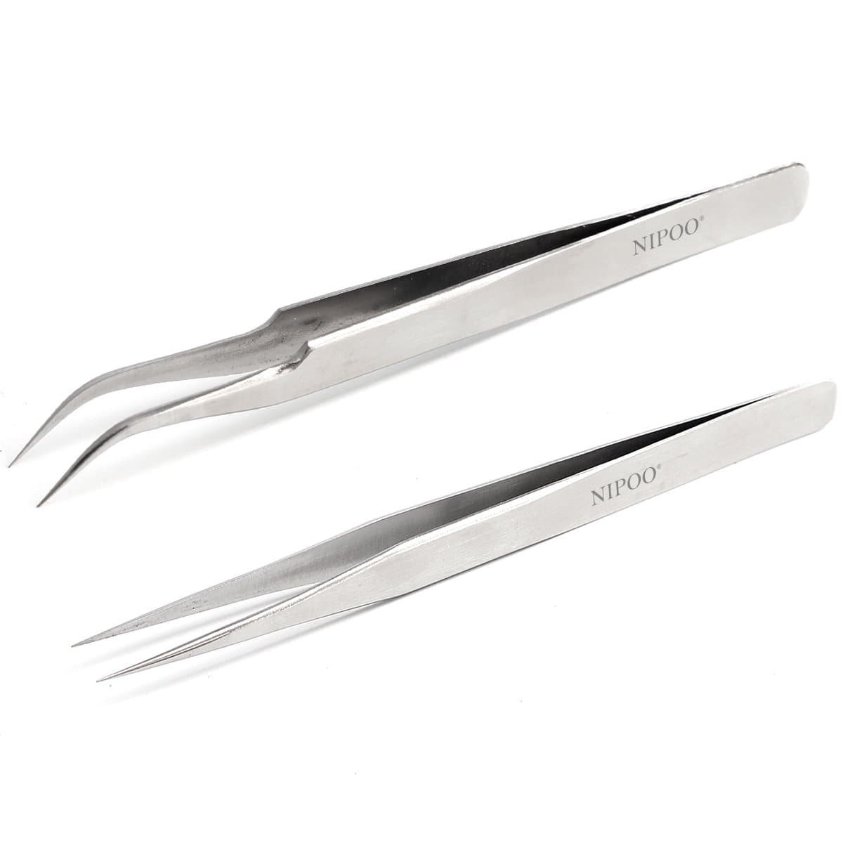 Best Tweezers for Eyelash Extension - Straight and Curved Pointed Tweezers - Professional Stainless Steel Precision Tweezers set - 2 Pcs - Silver - by Nipoo