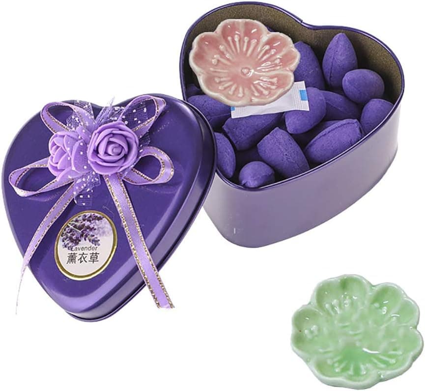 46 Pcs Backflow Incense Cone Rose Lavender Aroma Home Sandalwood Aromatherapy Can Reduce Mental Stress Ceramic Backflow Incense Holder Waterfall Incense Burner Supplies (Lavender Incense Cone)