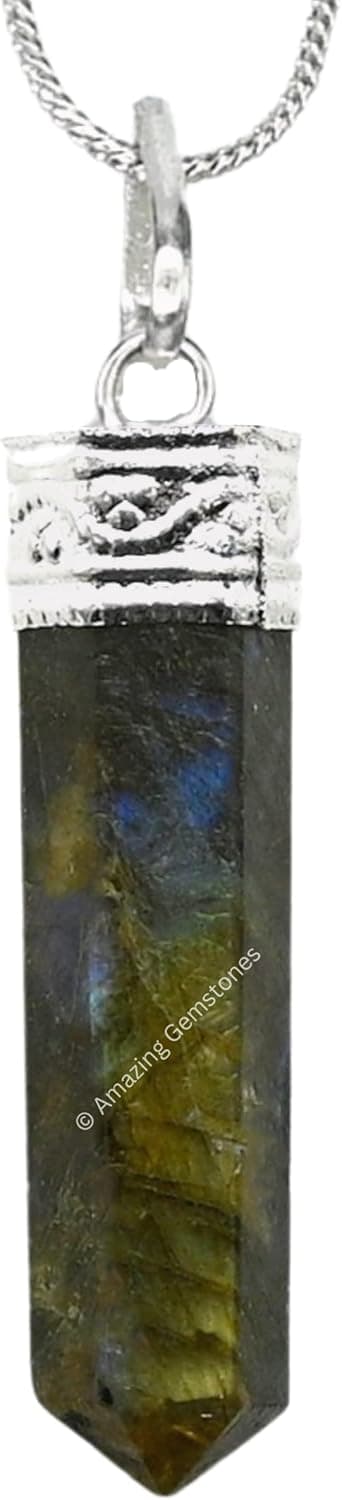 Labradorite Crystal Pencil Point Pendant Necklace with Adjustable Cord - Natural Healing Crystals and Stones for Men, Women and Kids