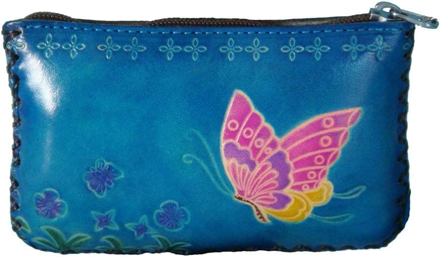 BPLeathercraft Leather Change Purse, handmade Wallet, Rectangle,A Flying Butterfly and Flower (Blue-1)