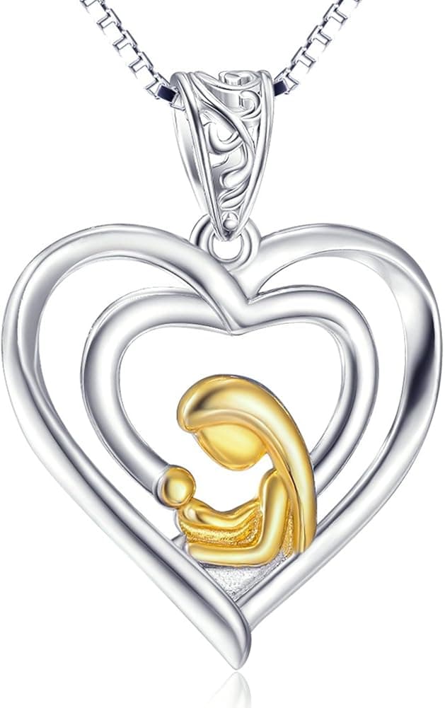Angel caller Mother's Day Gift Heart Pendant 925 Sterling Silver Mother Holding Child Necklace 18"