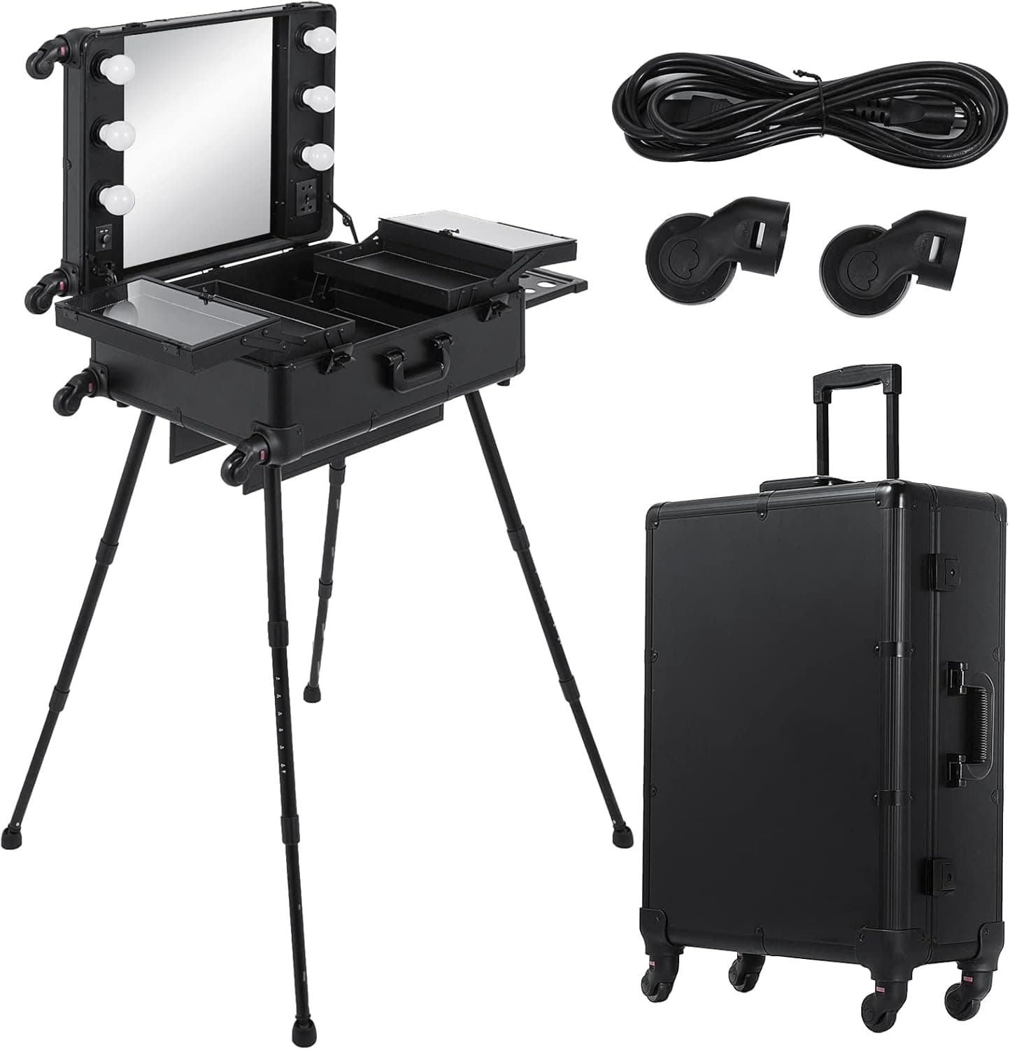 Happybuy Rolling Makeup Case 28"x21"x54" with LED Light Mirror Adjustable Legs Lockable Train Table Studio Artist Cosmetic