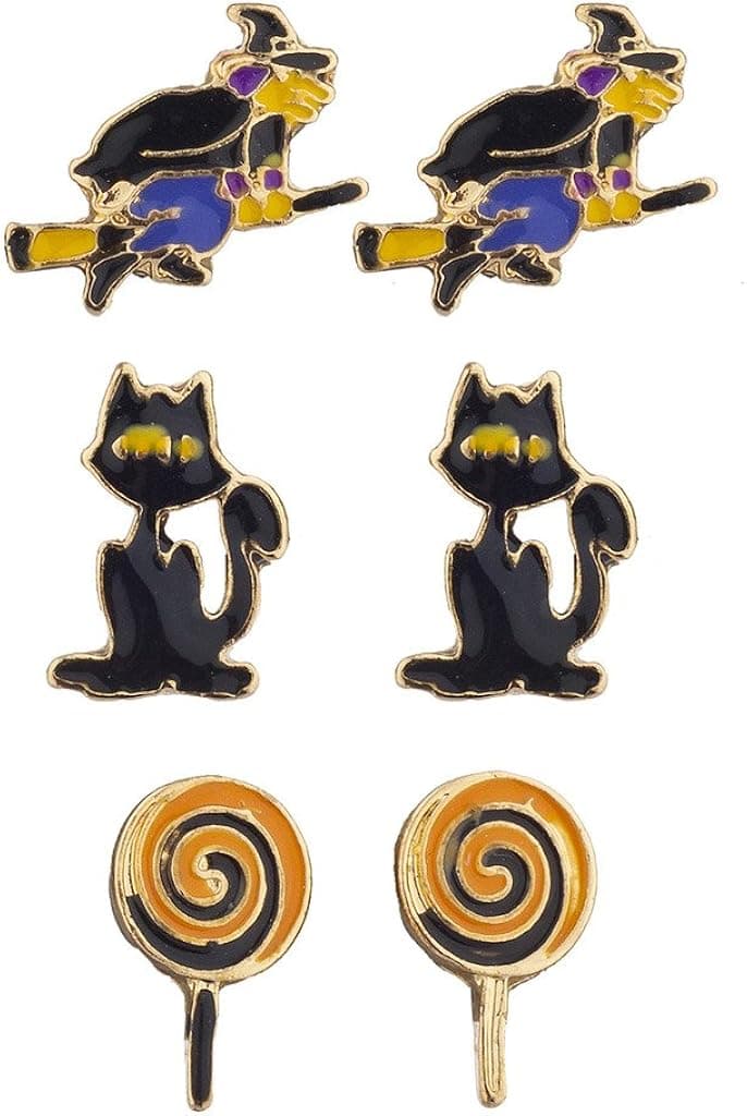Lux Accessories Halloween Witch Broomstick Cat Lollipop Stud Earring Set (3pc)