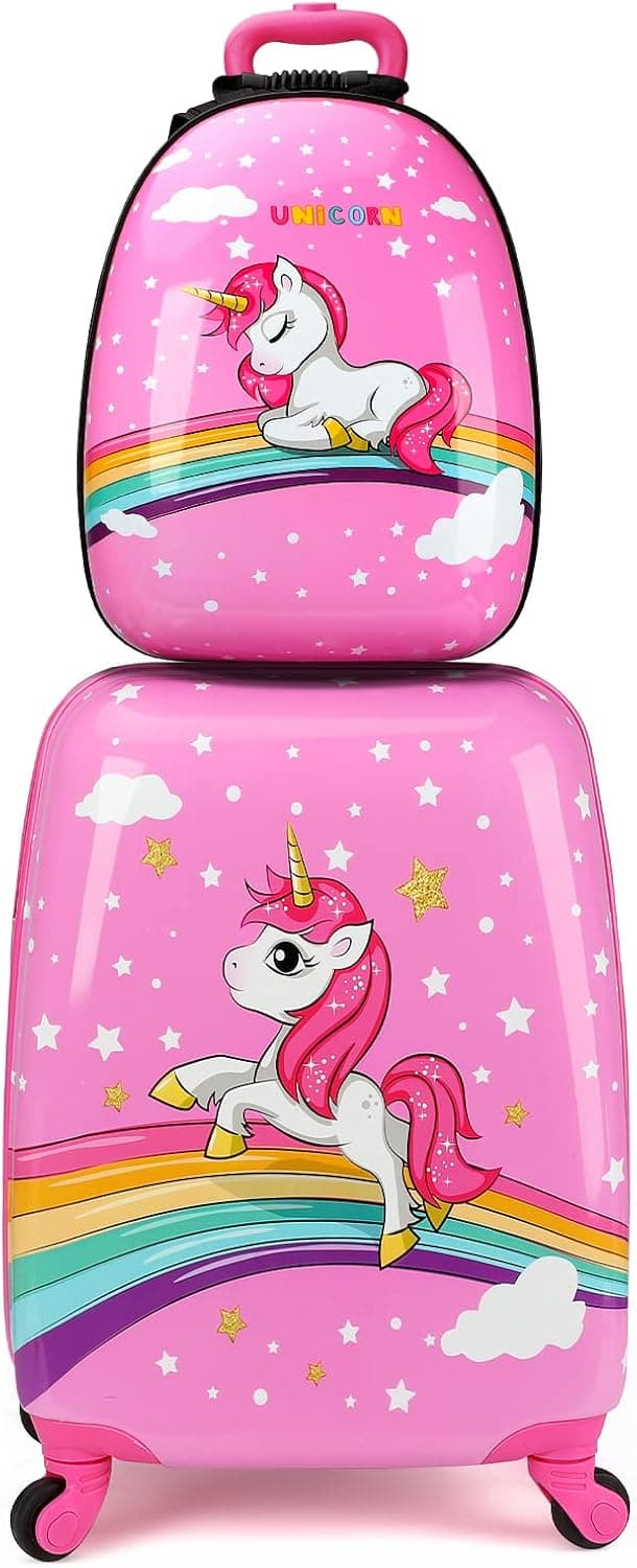 emissary Kids Luggage With Wheels For Girls - 18” Unicorn Kids Suitcase With 14” Backpack - Kids Suitcases For Girls - Hard-Sided Rolling Kids Suitcase - Kids Carry On Luggage With Wheels