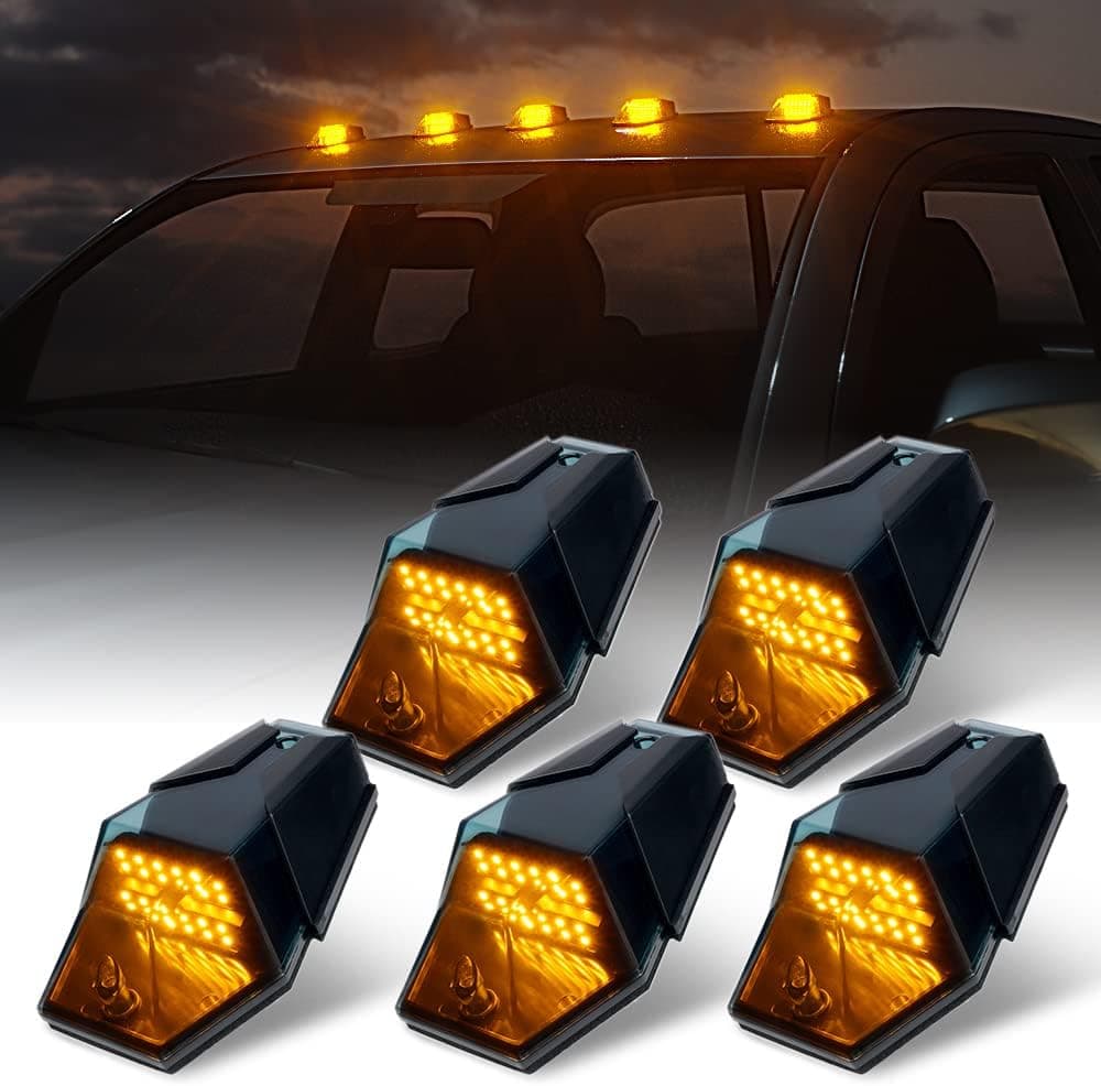 Xprite Amber LED Cab Rooftop Clearance Lights Assemblies, Smoke Lens Roof Marker Running Lamps Compatible with Pickup Trucks Ford F150 F250 Dodge Ram Nissan GMC Vans Lorry SUV POV Vehicle - 5 PCS