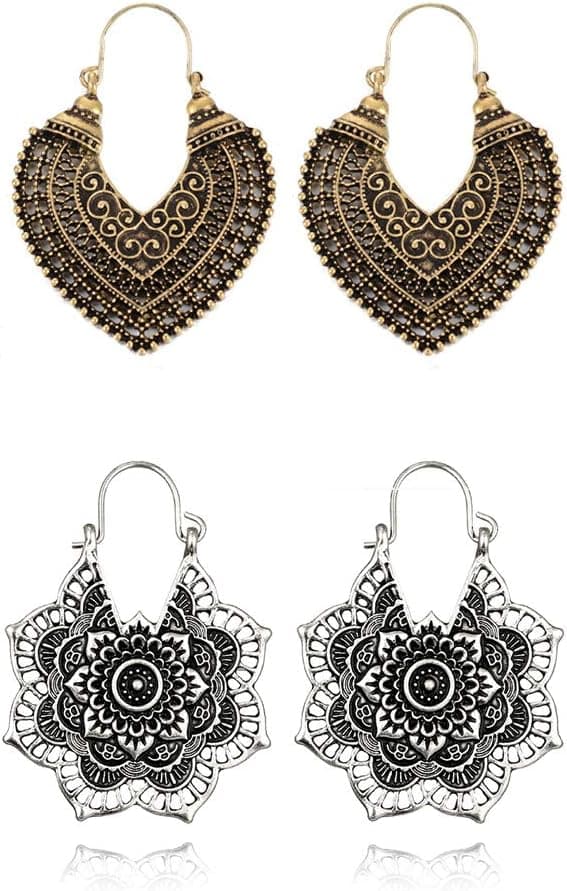 Jetloter 2 Pairs Oxidized Silver Hoops Boho Vintage Retro Tribal Tibetan Gypsy Dangle Indian Bollywood Ethnic Earrings Love Gift