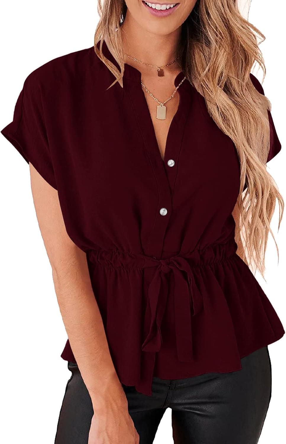 Womens Button Down Chiffon Blouses Casual Peplum Summer Tops Dressy Henley Shirts