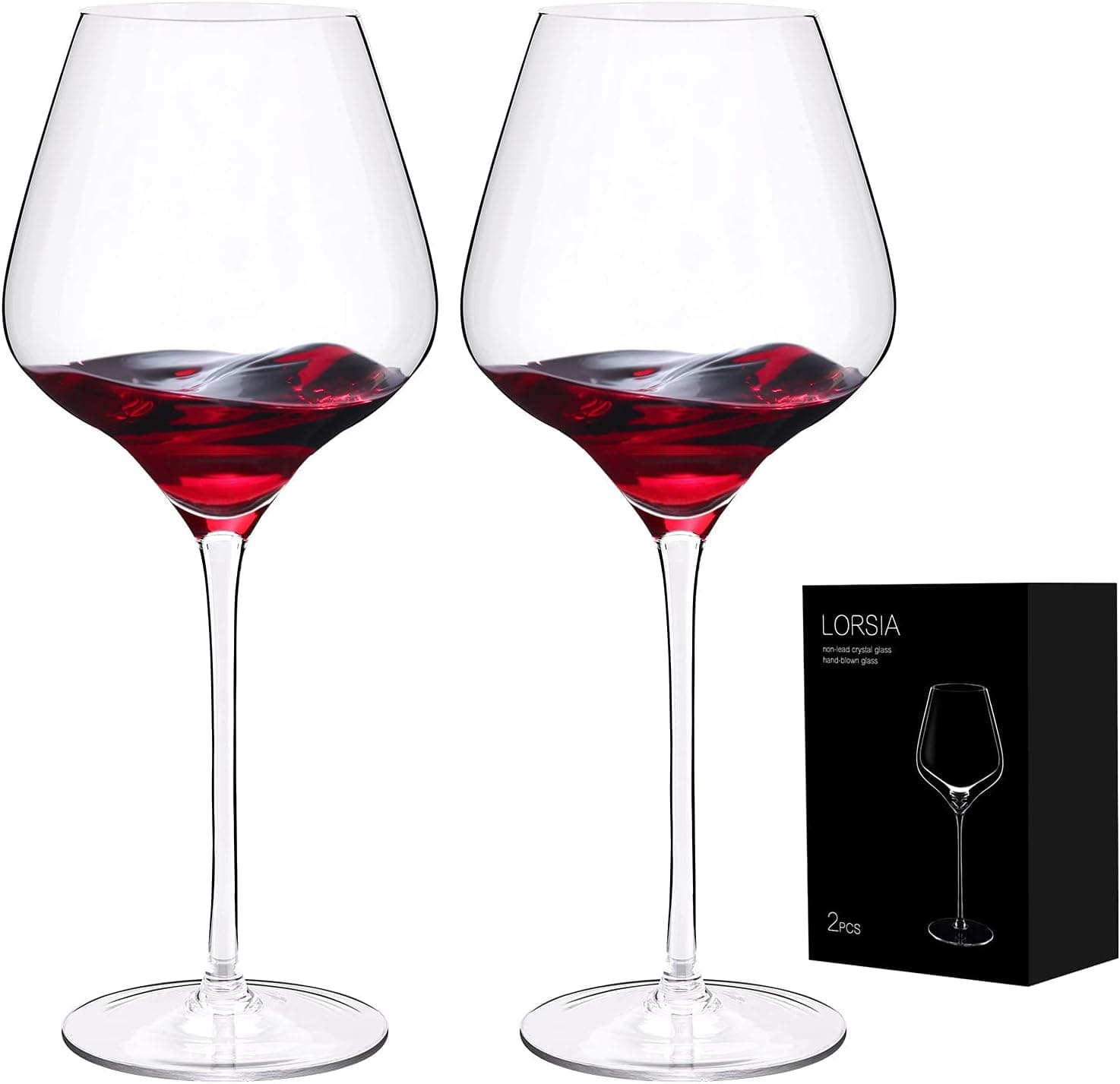 Hand Blown Burgundy Wine Glasses , Set of 2 Lead-Free Crystal Wine Glass In Gift Box - 19 Ounce for Wedding , Anniversary , Christmas , Birthday