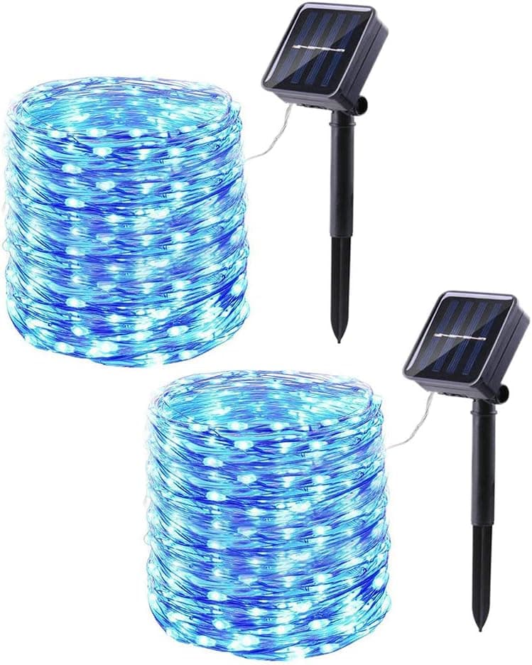 Joomer Blue Solar String Lights, 2 Pack x 33ft 100LED 8 Modes Solar Fairy Rope Lights, Waterproof for Outdoors, Patio, Garden, Yard, Party, Wedding, Tree Decorations