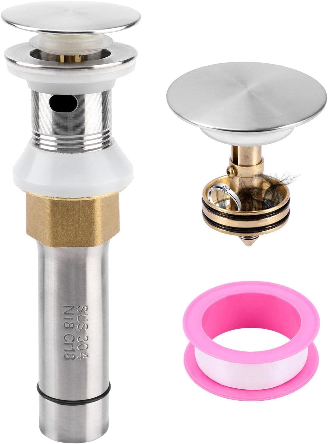 Bathroom Sink Drain With Overflow, Drain Stopper Bathroom Sink, Stainless Steel Brass Popup Drain with Detachable Strainer Basket,Anti-Clogging Drain Strainer Vessel Sink