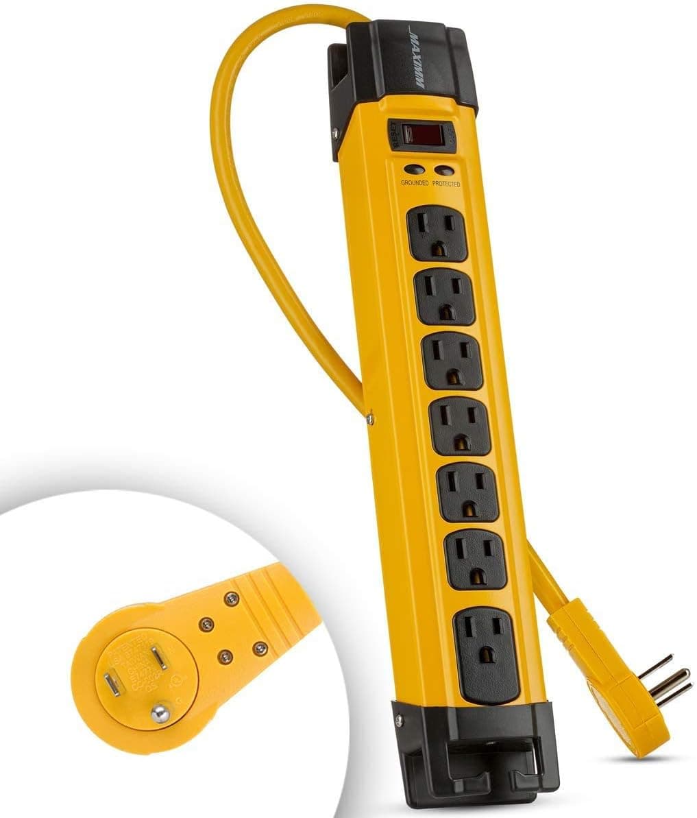 Maximm Heavy Duty Metal Power Strip Surge Protector (1440 Joules) | 7 AC Outlets | 360 Degree Rotating Flat Plug & 6 ft Long Extension Cord + Cord Management, Multi Outlet Yellow ● Jobsite, Workshop