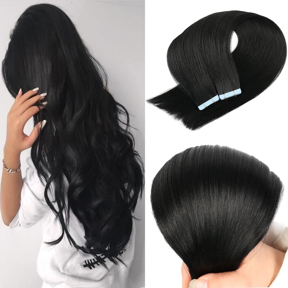 Anihiho Tape in Hair Extensions Human Hair Straight Hair Extensions Tape in Real Human Hair Tape in Hair Extensions for Women (22inch 50g, Jet Black)