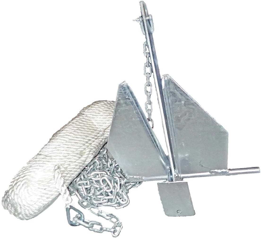 Norestar Fluke/Danforth Style Boat Anchor Kit: 150' Rope, 6' Chain, for Small Boats