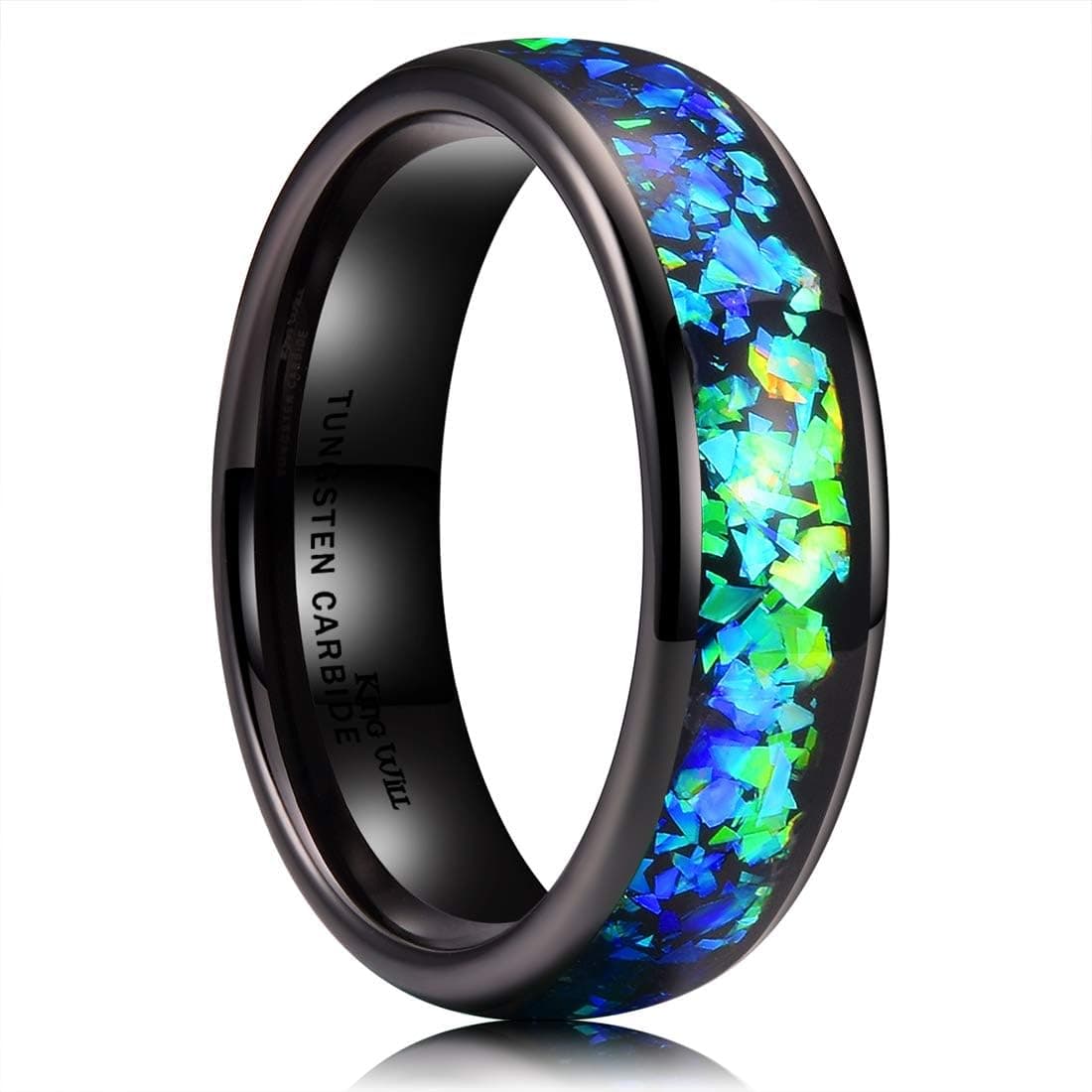 King Will Mens 4mm/6mm/8mm Black Tungsten Plating Wedding Ring Inlay Blue Green Purple Fragments Engagement Band