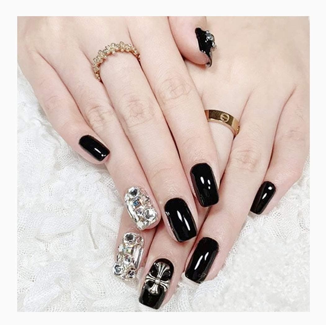 Kakaco 24Pcs Punk Black Fake Nails Coffin Sparkly Rhinestones Acrylic Full Cover False Nails Medium Prom Party Night Club Press on Nail for Women and Girls
