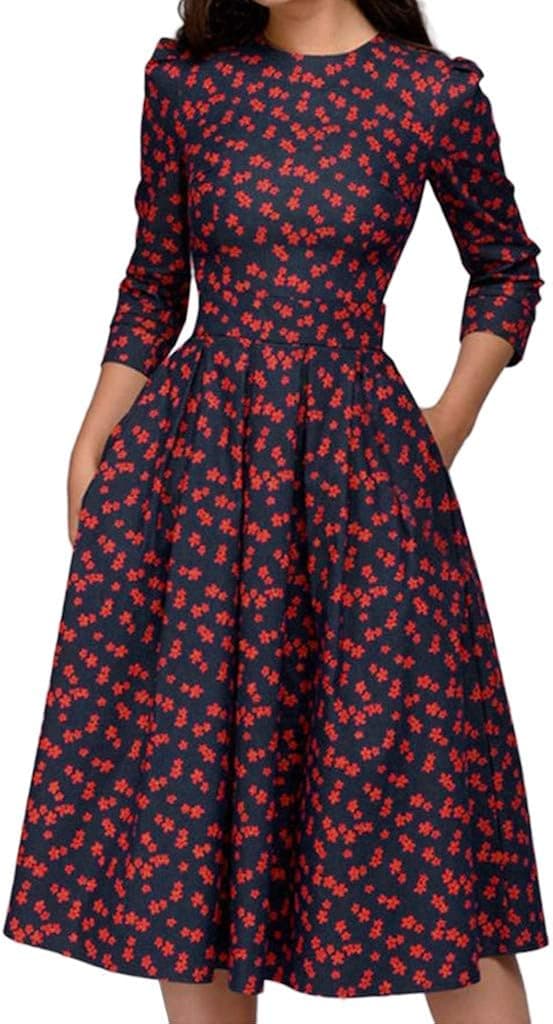 PASATO New Women's Floral Vintage Dress Elegant Midi 3/4 Sleeves Evening Long Maxi Dress (XL=US:L, Navy)