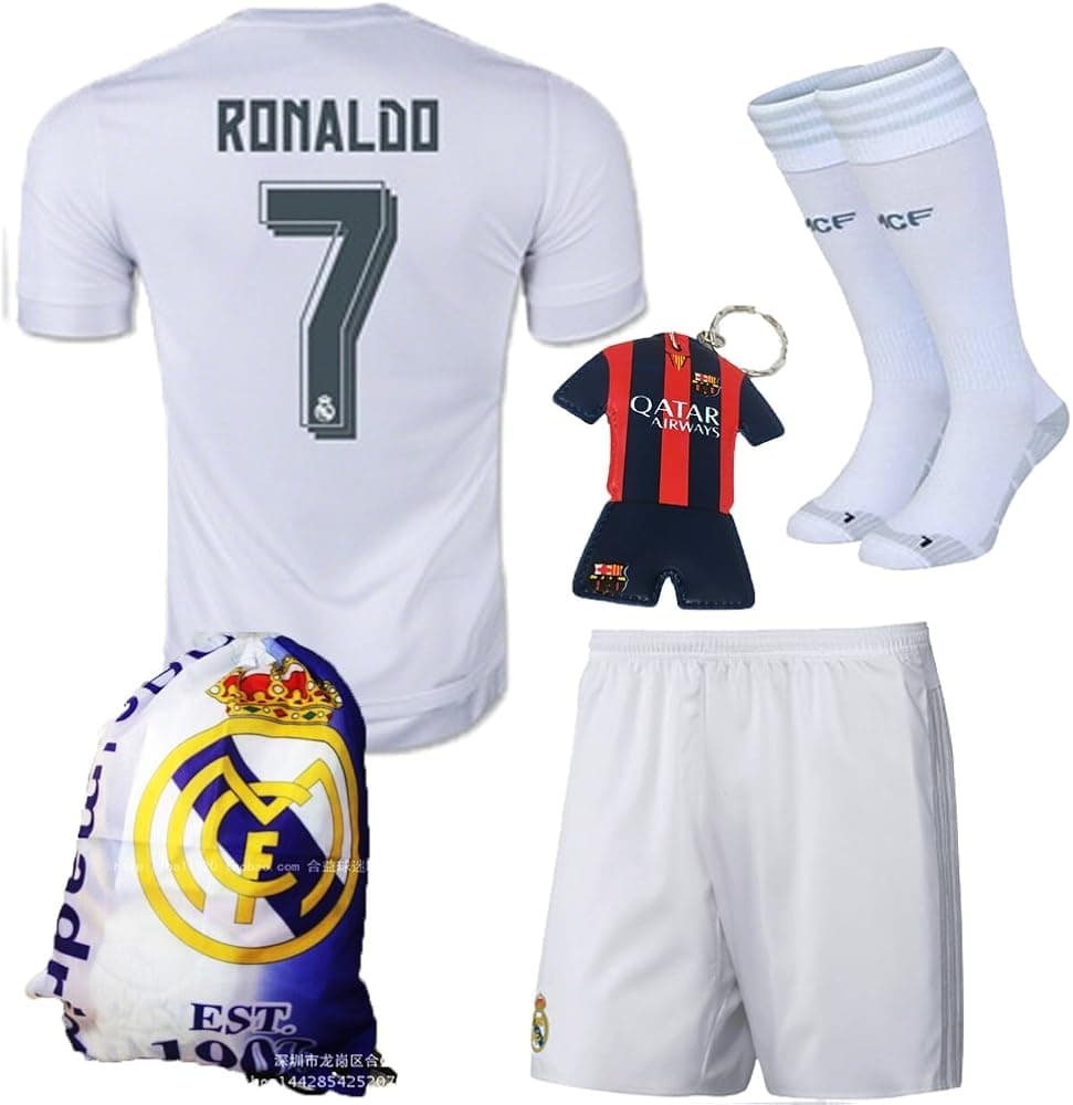 KID BOX 2015/2016#7 white Soccer Football Jersey Sportswear Team Polo Shirt & Short & Sock & Key Chain & Soccer Bag FOR Kids 3-14 Years