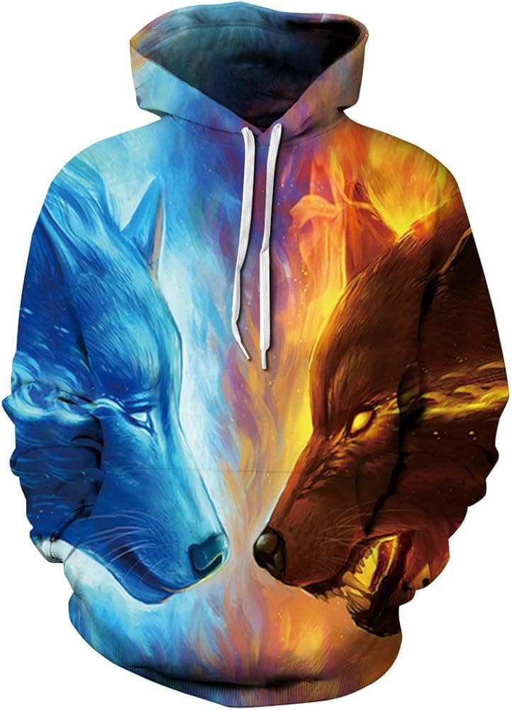 Plustrong Unisex 3D Novelty Wolf Print Sweatshirts Pullover Hoodies for Men Women(ice fire wolf 259,L/XL)