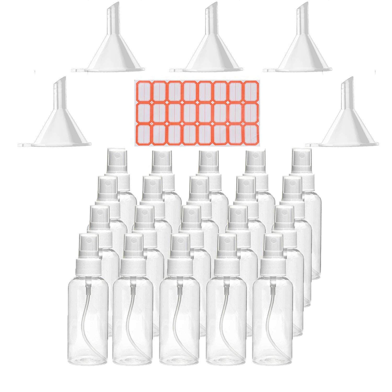 2 oz/50ml Clear Empty Spray Bottles,20 Pcs Plastic Mini Travel Bottle with 5pcs Funnels and 24pcs Labels。