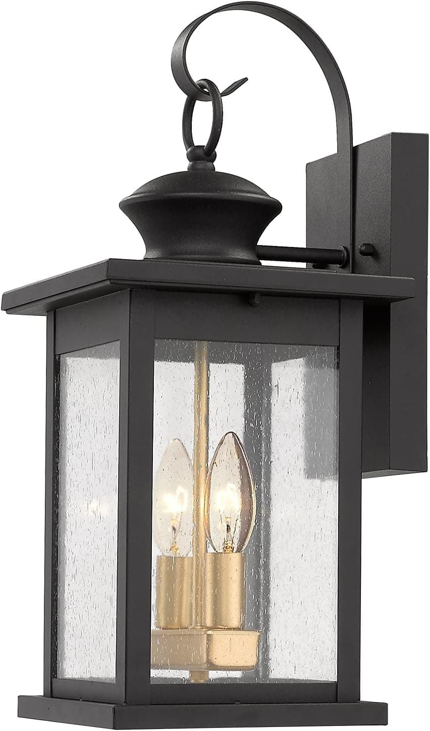 Emliviar Outdoor Wall Lighting, 18" Exterior Lights for House, Black and Gold Finish with Seeded Glass, 1810-BW2-R