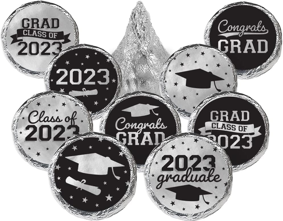 Graduation Stickers for Kisses Candy, Chocolate Drops Labels - Class of 2023 Stickers - Graduation Party Decorations - School Colors - 180 Count (Black and Silver)