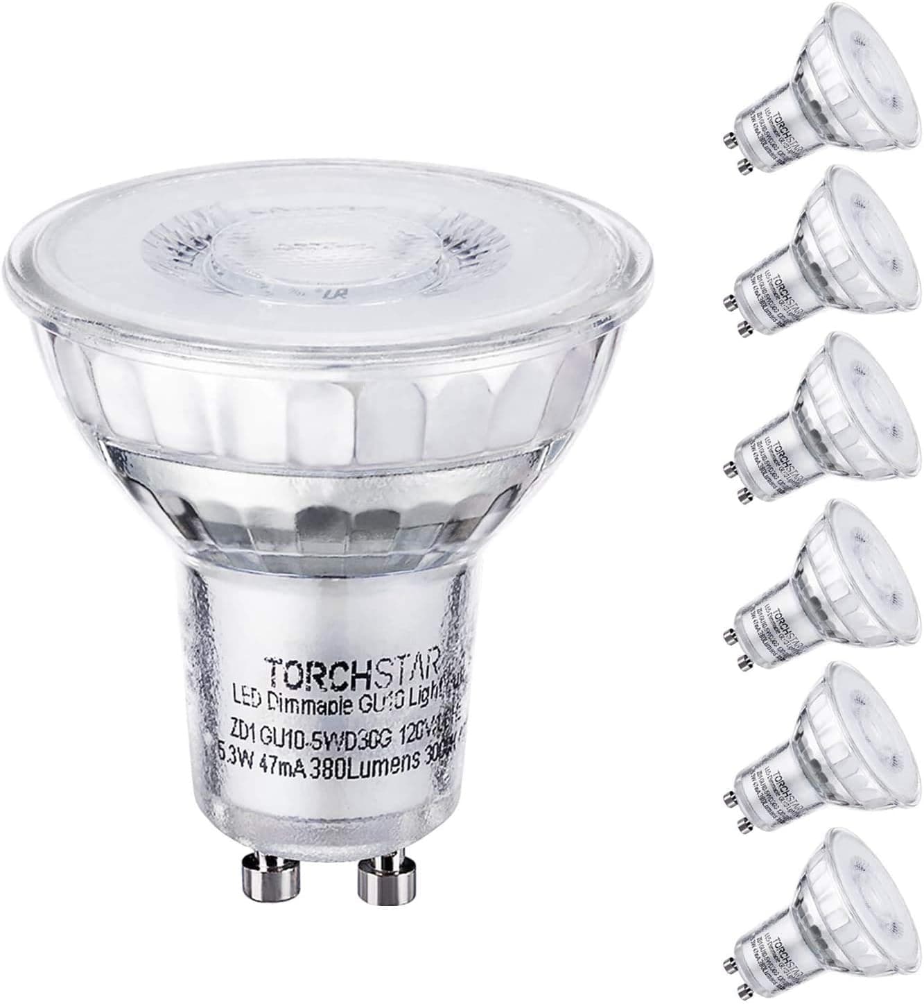 TORCHSTAR Dimmable LED MR16 GU10 Glass Spot Light Bulb, 5.3W (50W Equivalent), 2700K, 380 Lumens, UL and Energy Star Certified, Pack of 6