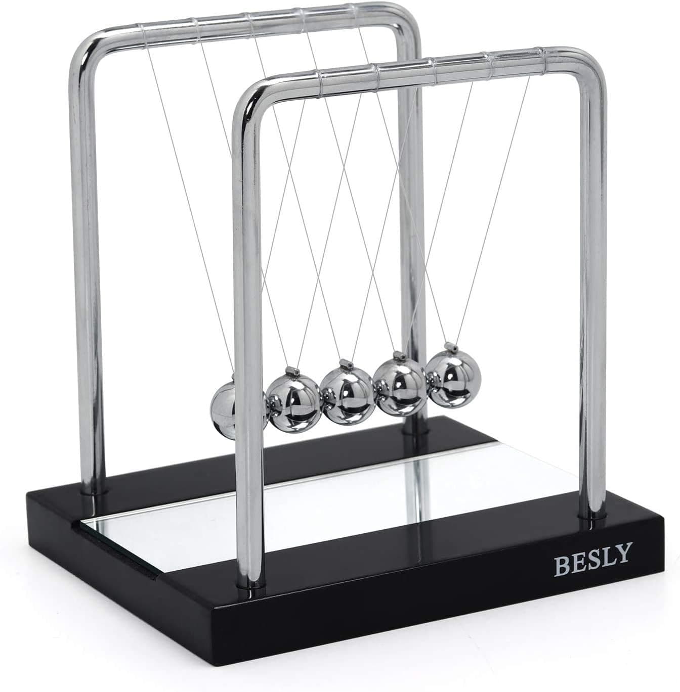 Newtons Cradle Pendulum Desk Decor Balance Balls, Desk Toys Office Decorations with Black Wooden Base Desk Decorations, Fun Science Physics Learning Toys, Office Gadgets-Medium Mirror Wooden