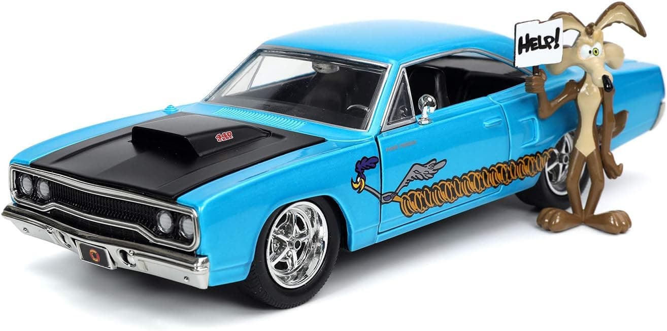 1970 Plymouth Road Runner with Wile E. Coyote Figure, Looney Toons - Jada Toys 32038/4 - 1/24 Scale Diecast Model Toy Car