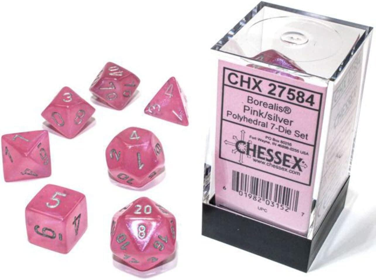 Chessex Polyhedral 7-Die Set - Borealis Pink/Silver with Luminary 27584 (CHX27584)