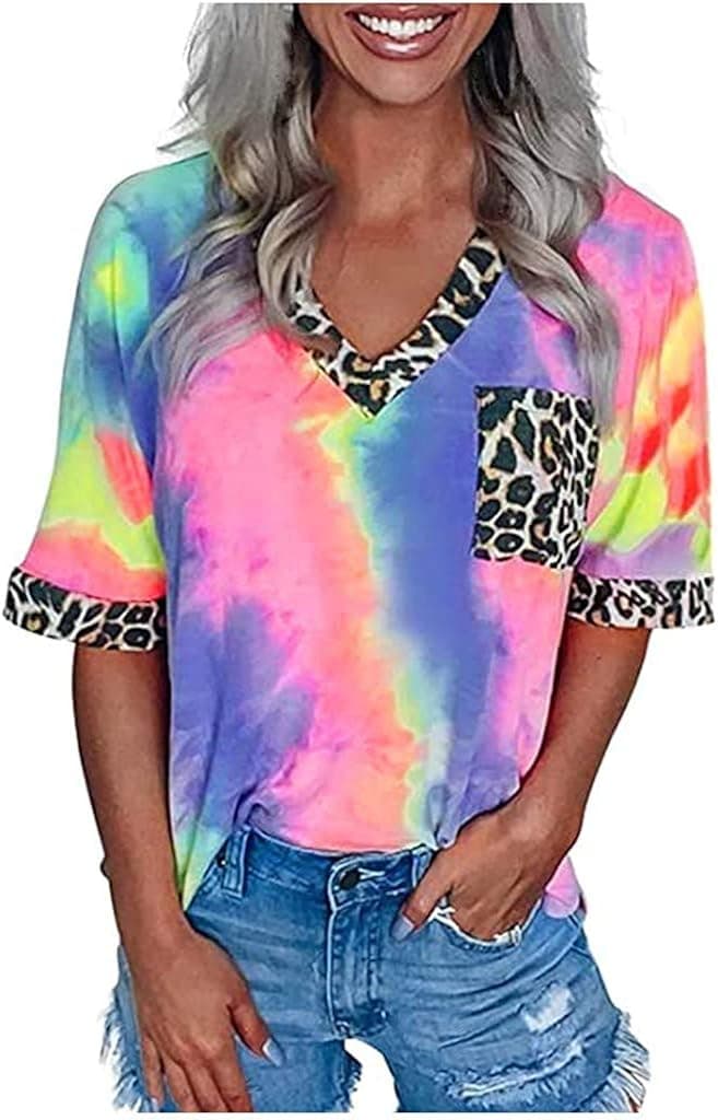 Womens Tie Dye Gradient Rainbow Short Sleeved T Shirt Leopard Splicing V Neck Casual Tunic Tops with Pocket