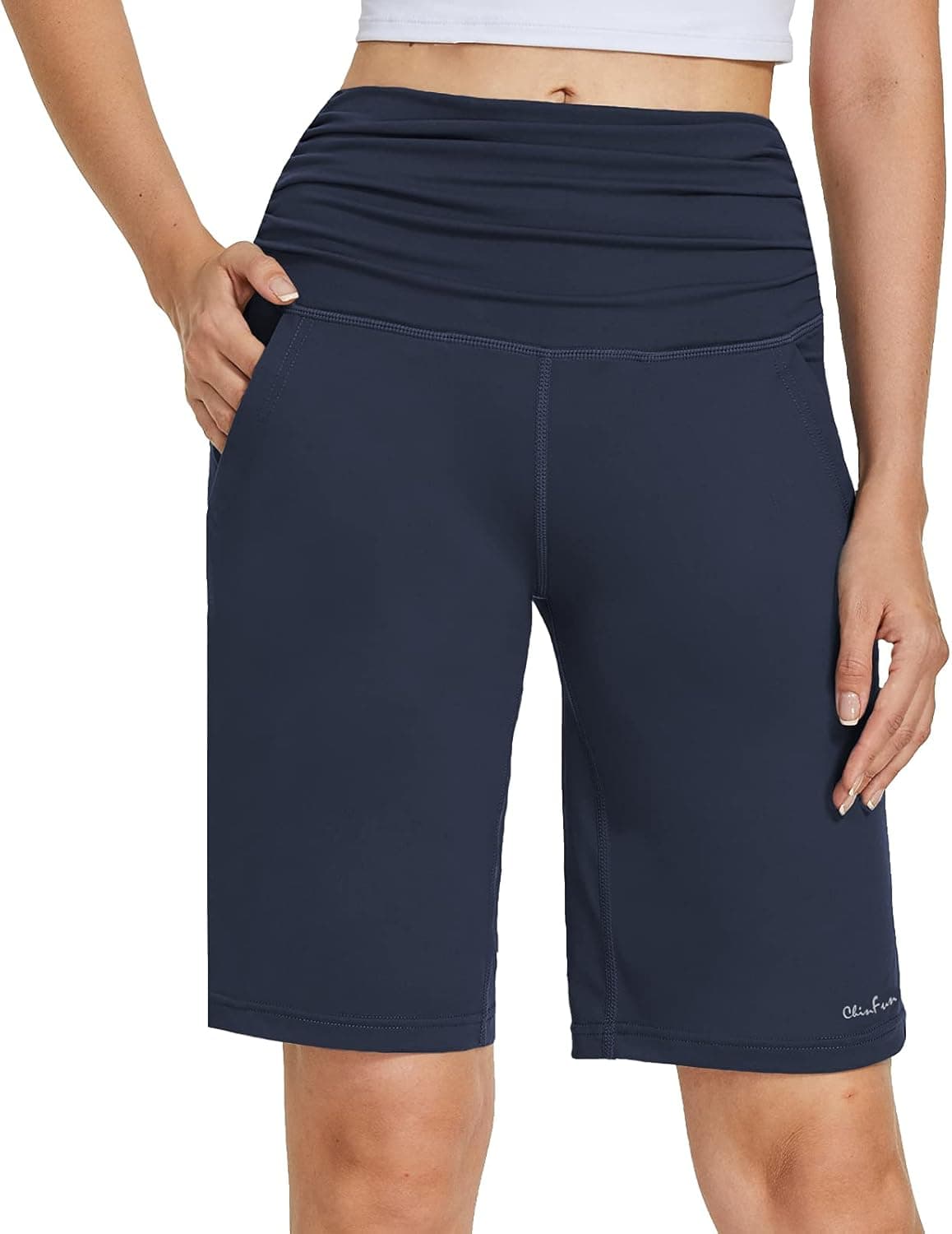 ChinFun 10" Bermuda Shorts for Women High Waist Pleated Yoga Running Athletic Long Shorts with Pockets