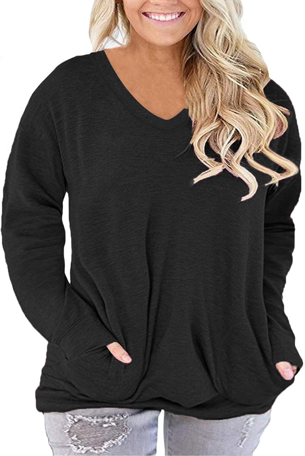 ROSRISS Plus-Size-Tops for Women Long Sleeve Casual Tunics V Neck Pockets Shirts