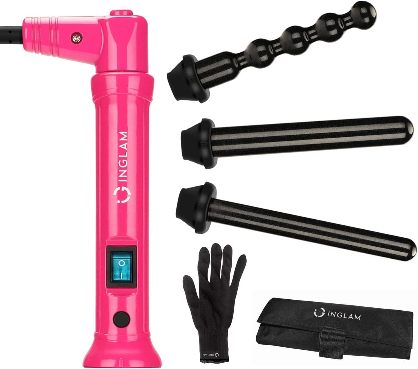3 in 1 Anti-Static Curling Iron Set with 3 Interchangeable Barrels Tourmaline Ceramic Ionic Curling Wand(0.75'' to 1'') Hair Curler with Dual Voltage, and Heat Resistant Glove|Pouch, Pink