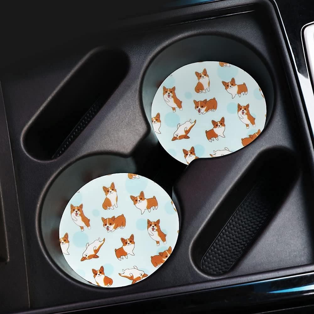 Car Coasters 2 Pack,Car Cup Holder Coaster,Water-Absorbent Non-Slip Silicone Coaster for car,2.56 Inch Suitable for Most Cars,Cute Corgi Design Unisex(Lovely Corgi)