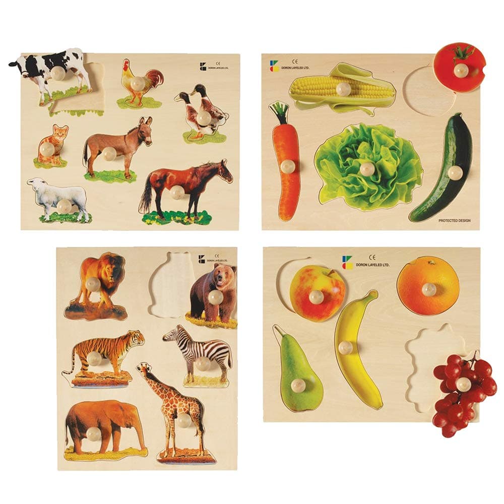 Constructive Playthings Wooden Fruits, Vegetables, and Animals Photo Puzzles, Multicolor (Set of 4)
