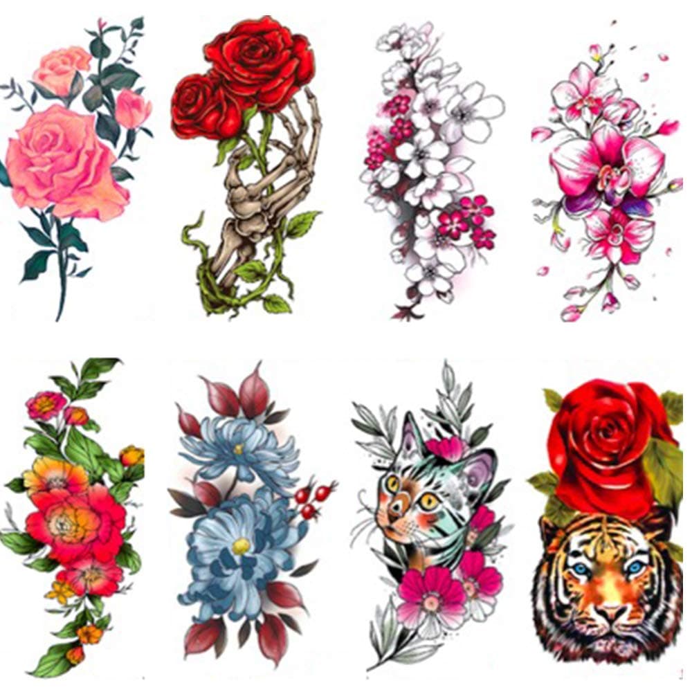 Large Flower Temporary Tattoos, Bright Flower Blossom Lily Peony Lotus Fake Tattoo Stickers, Big Flower Tattoos Body Makeup for Women Girl, 8-Sheet