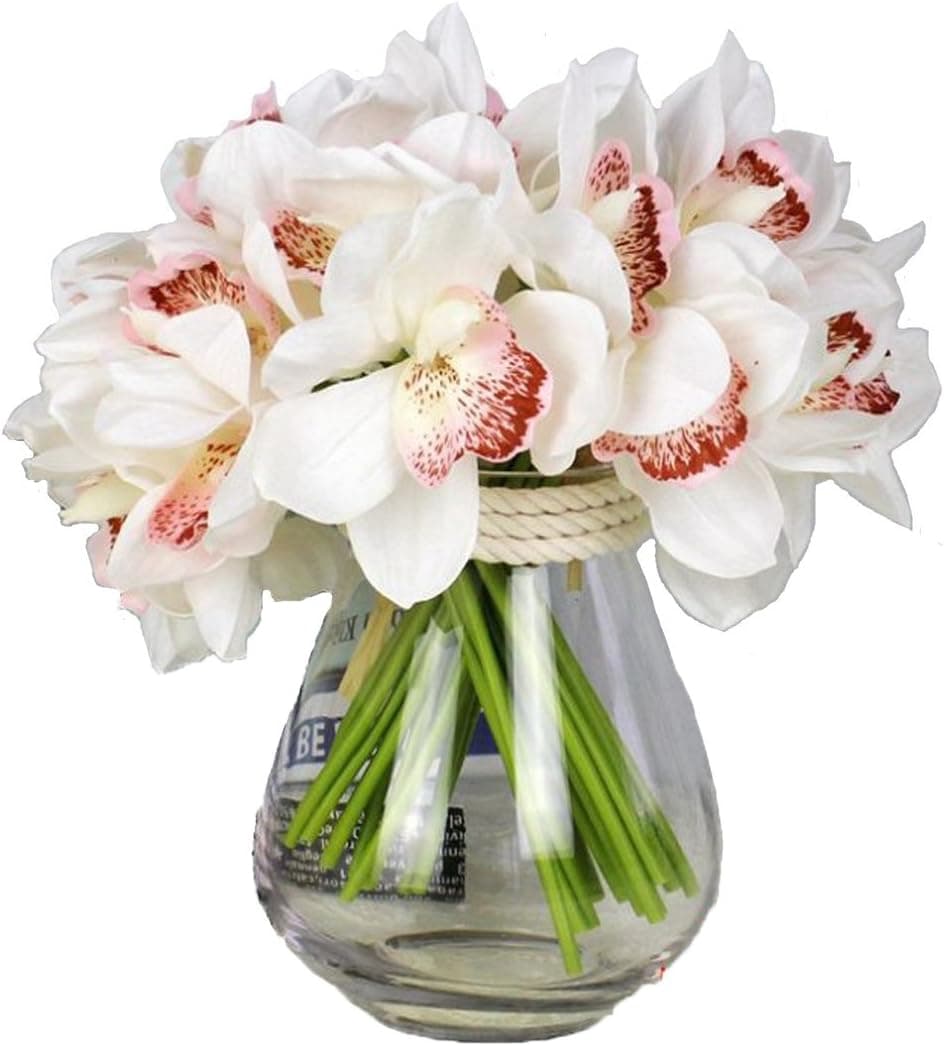 LebriTamFa 12 PCS High Quaulity Latex Real Touch Cymbidium Orchid Artificial Flower Bouquet for Wedding Holiday Bridal Bouquet Home Party Decor Bridesmaid (White)