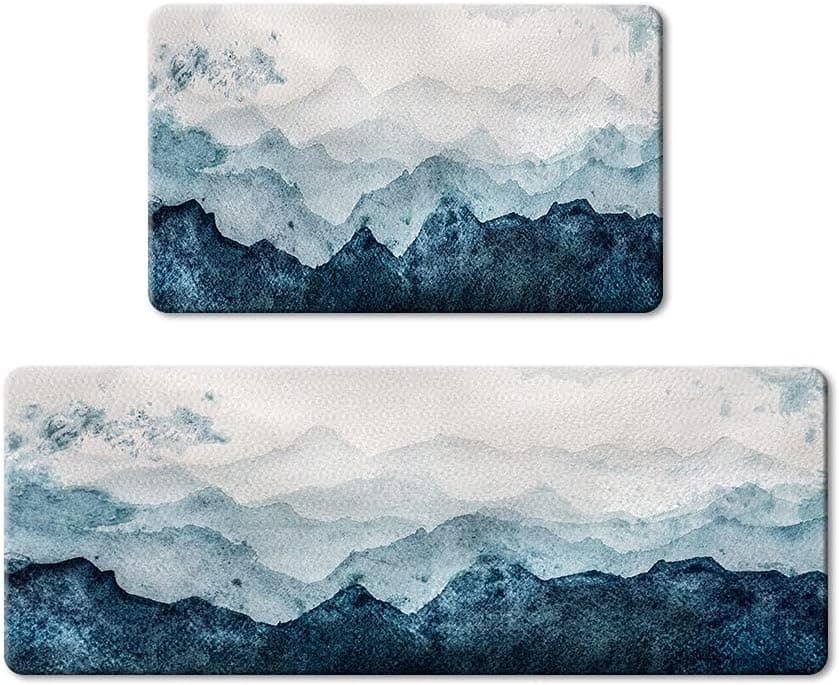 QiyI Floor Comfort Mats 2 Pieces Kitchen Rugs Leather Waterproof Oil Proof Runner Non Skid Standing Mat Set Anti Fatigue Padded Doormat 17" W x 29" L + 17" W x 47" L - Blue White Watercolor Mountain