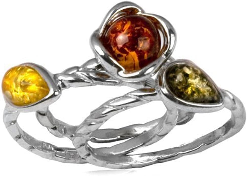 Sterling Silver Amber Flowers Wire Ring Set of Three