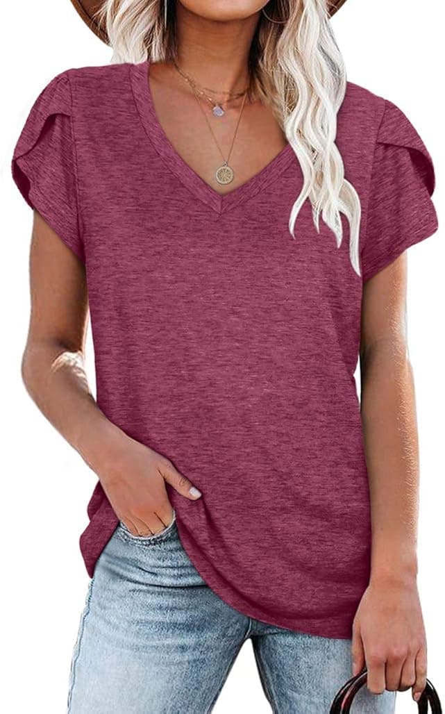 WIHOLL Womens Tops V Neck Summer Petal Sleeve Casual Tshirts
