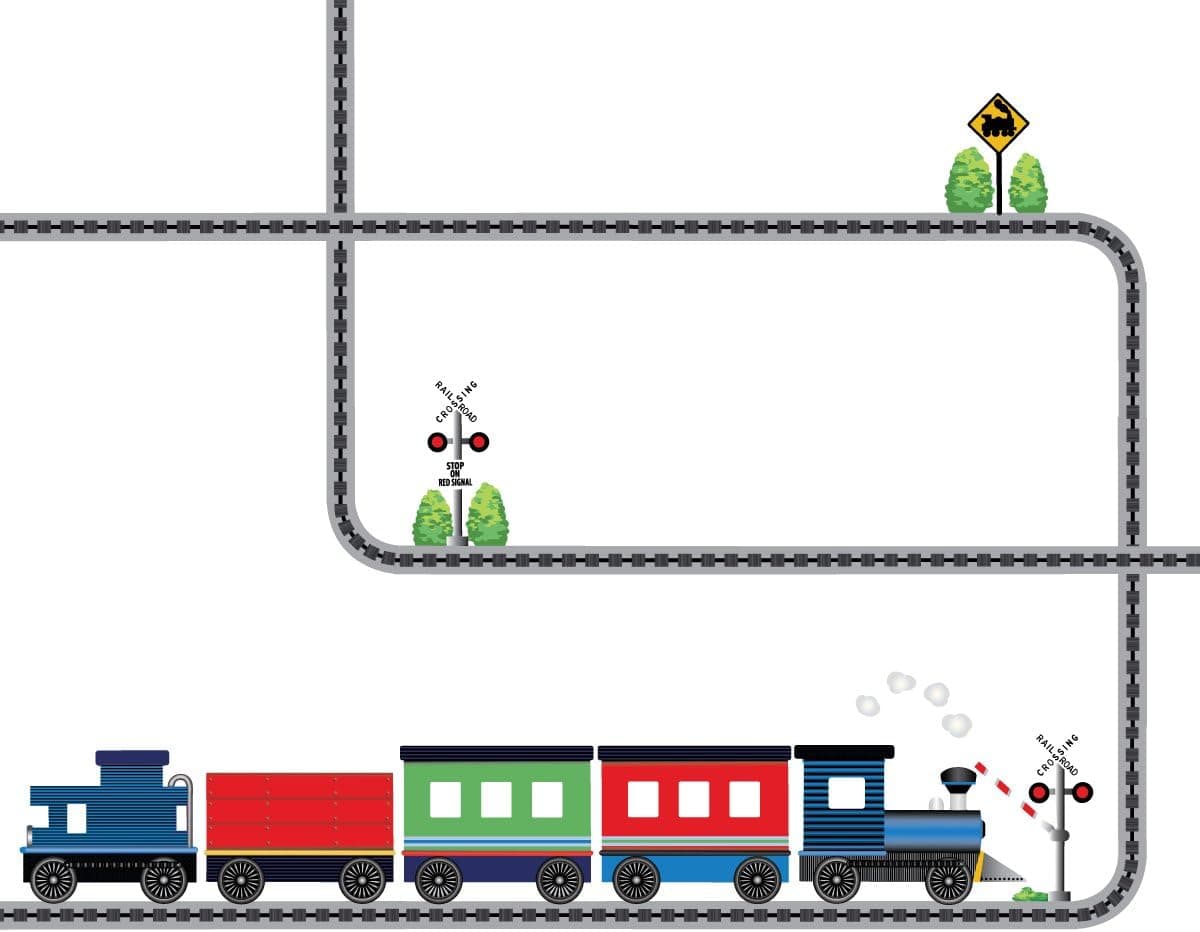 Blue Caboose Train with Straight and Curved Railroad Track Wall Decals Peel and Stick! Color 1