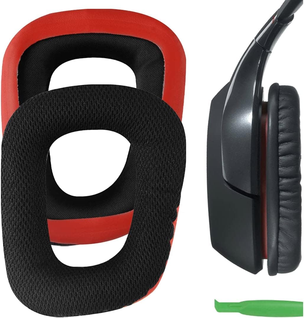 Geekria Comfort Mesh Fabric Replacement Ear Pads for Logitech G35, G430, G432, G332, G930, F450 Headphones Ear Cushions, Headset Earpads, Ear Cups Repair Parts (Black Red)